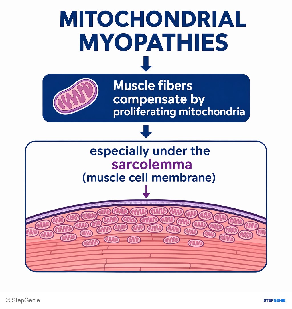 Reasoning step 4: In mitochondrial myopathies, muscle fibers compensate by proliferating mitochondria, especially under the sarcolemma (muscle cell membrane).