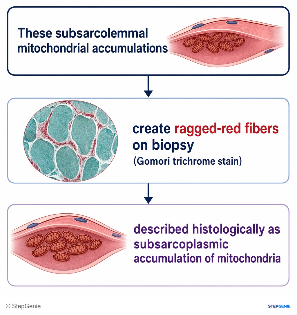 Reasoning step 5: These subsarcolemmal mitochondrial accumulations create ragged-red fibers on biopsy (Gomori trichrome stain), described histologically as…