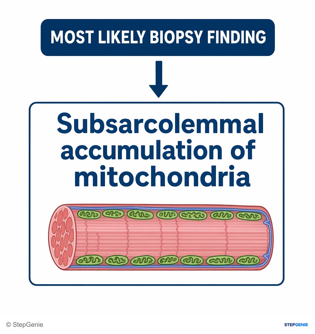 Reasoning step 6: Therefore, the most likely biopsy finding is subsarcolemmal accumulation of mitochondria.