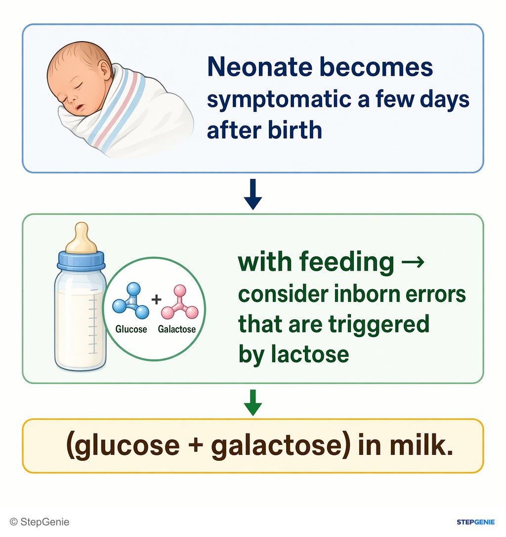 Reasoning step 1: Neonate becomes symptomatic a few days after birth with feeding → consider inborn errors that are triggered by lactose (glucose + galactose) in milk.