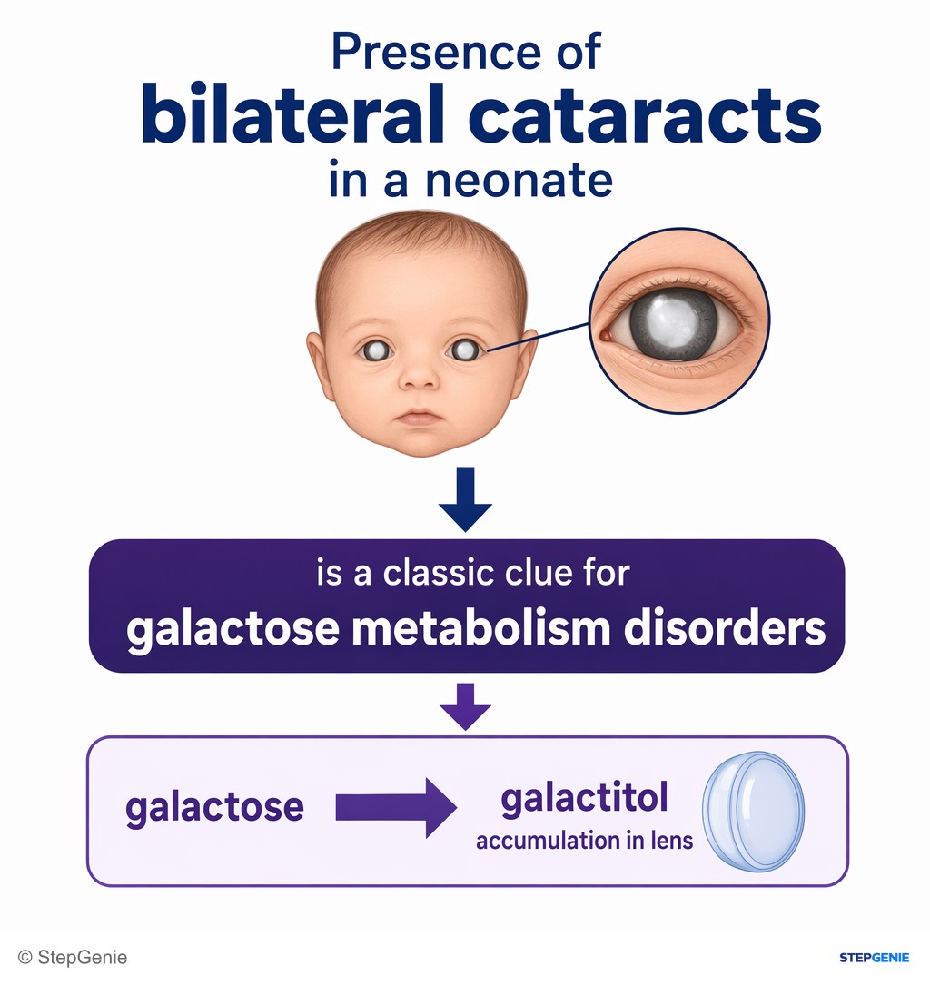 Reasoning step 3: Presence of bilateral cataracts in a neonate is a classic clue for galactose metabolism disorders (galactose → galactitol accumulation in lens).