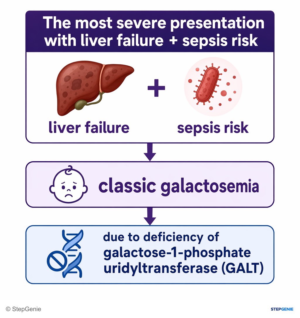 Reasoning step 4: The most severe presentation with liver failure + sepsis risk is classic galactosemia, due to deficiency of galactose-1-phosphate uridyltransferase…