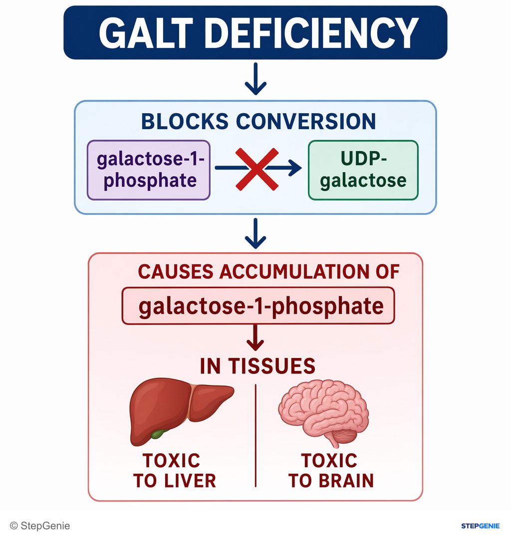 Reasoning step 5: GALT deficiency blocks conversion of galactose-1-phosphate to UDP-galactose → causes accumulation of galactose-1-phosphate in tissues (toxic to…