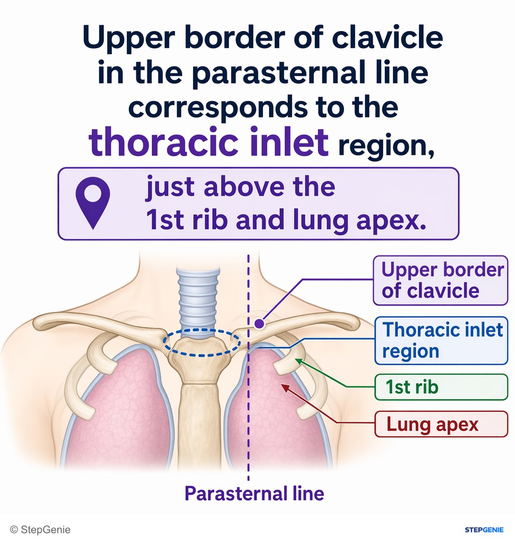 Reasoning step 1: Upper border of clavicle in the parasternal line corresponds to the thoracic inlet region, just above the 1st rib and lung apex.