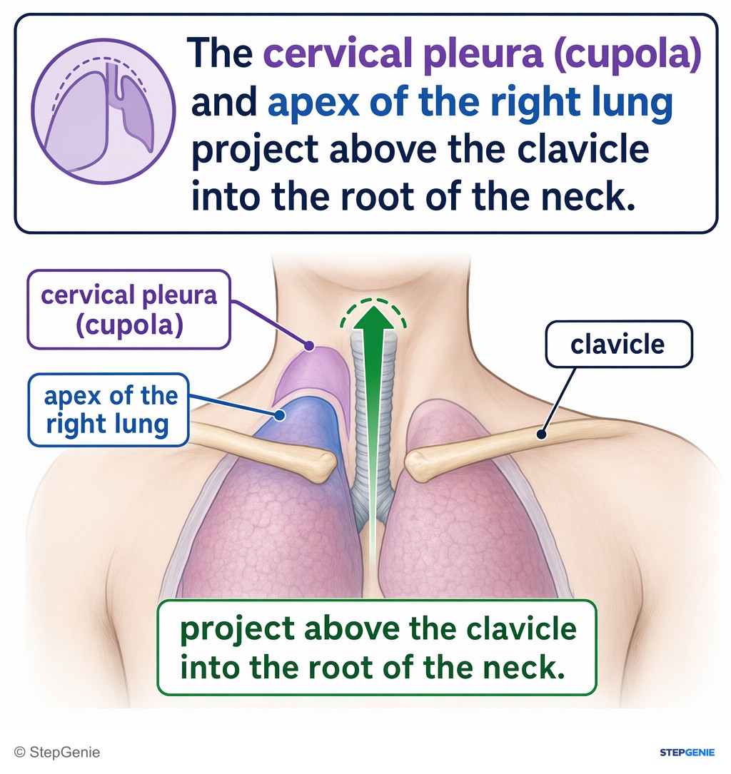 Reasoning step 2: The cervical pleura (cupola) and apex of the right lung project above the clavicle into the root of the neck.