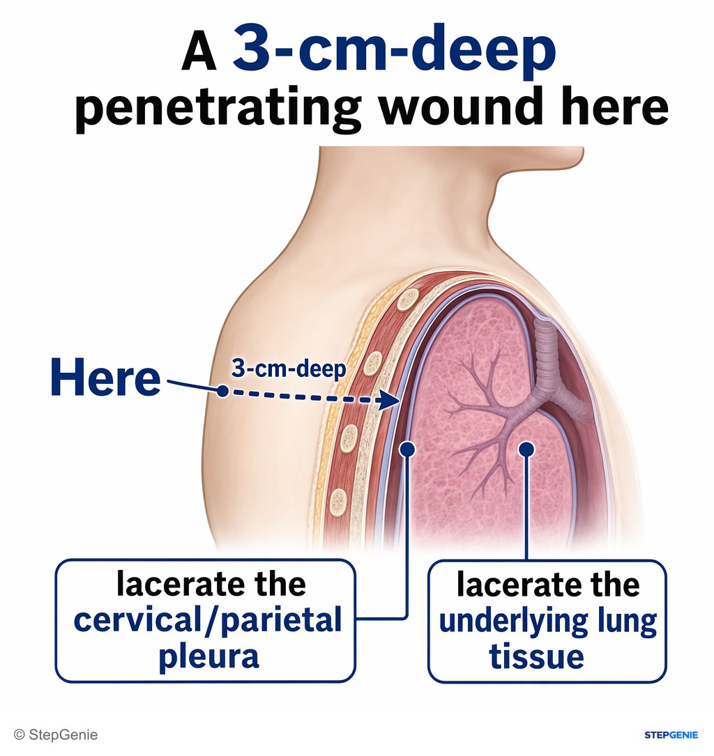 Reasoning step 3: A 3‑cm‑deep penetrating wound here can lacerate the cervical/parietal pleura and underlying lung tissue.