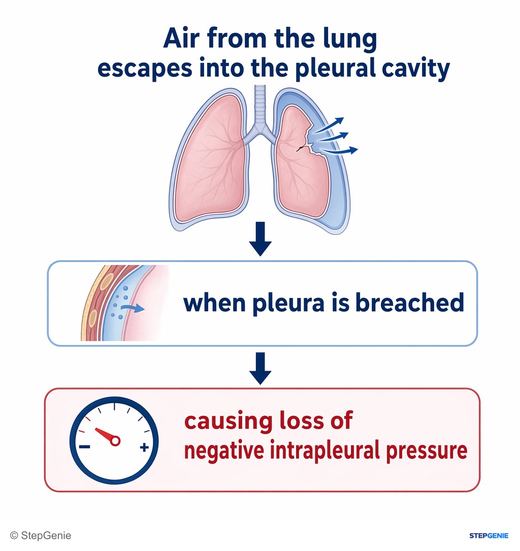 Reasoning step 4: Air from the lung escapes into the pleural cavity when pleura is breached, causing loss of negative intrapleural pressure.
