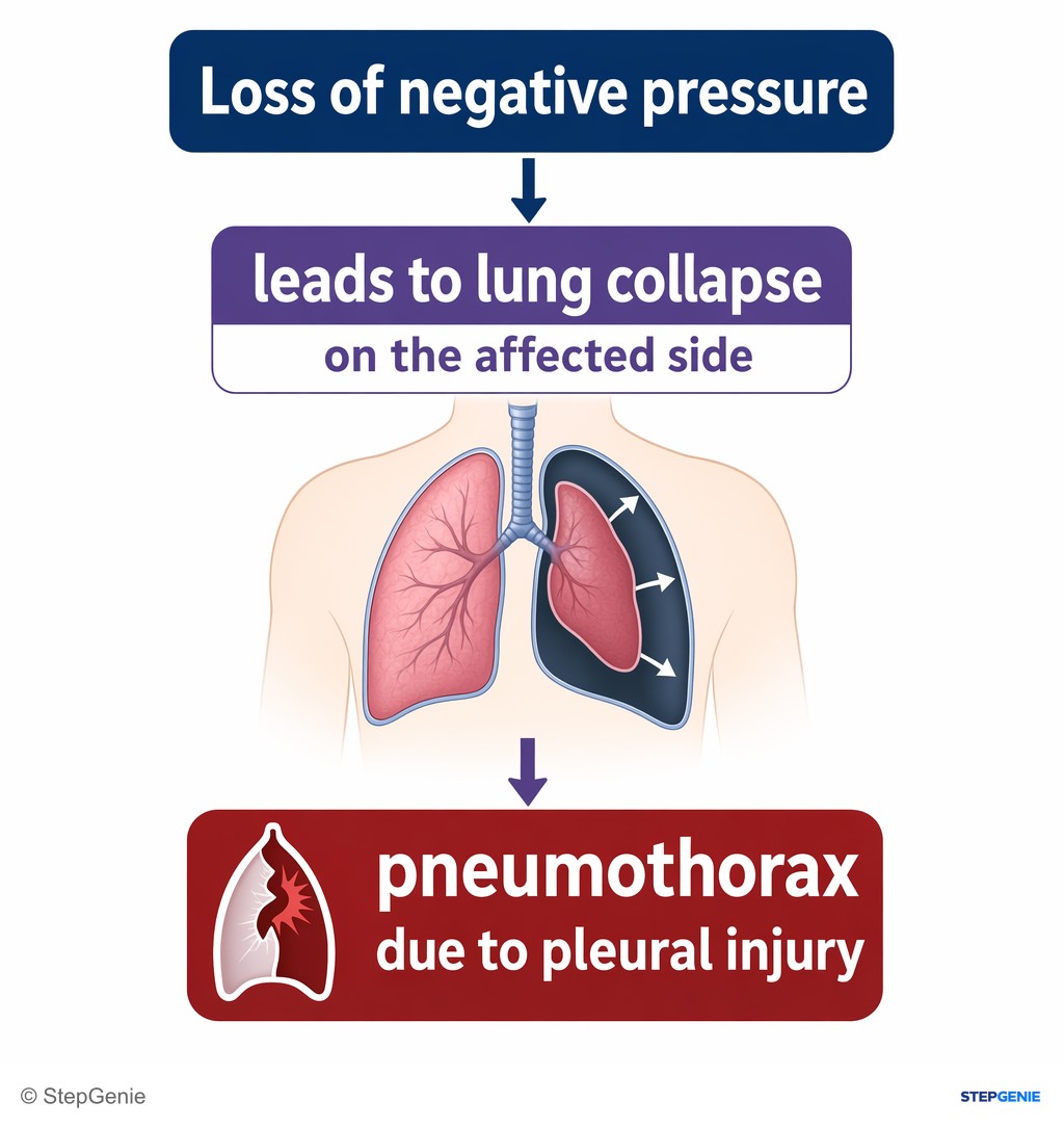 Reasoning step 5: Loss of negative pressure leads to lung collapse on the affected side → pneumothorax due to pleural injury.