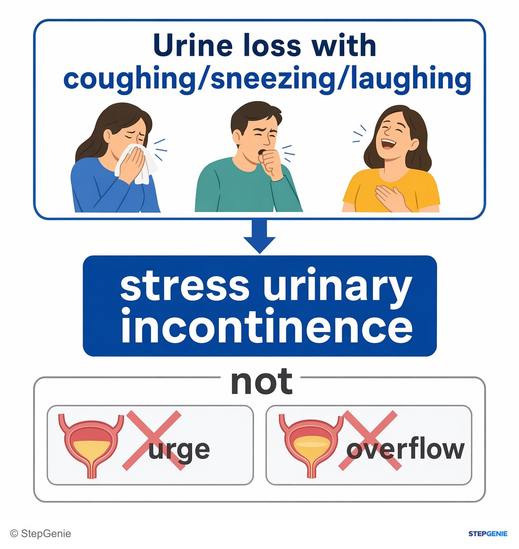 Reasoning step 1: Urine loss with coughing/sneezing/laughing indicates stress urinary incontinence, not urge or overflow.