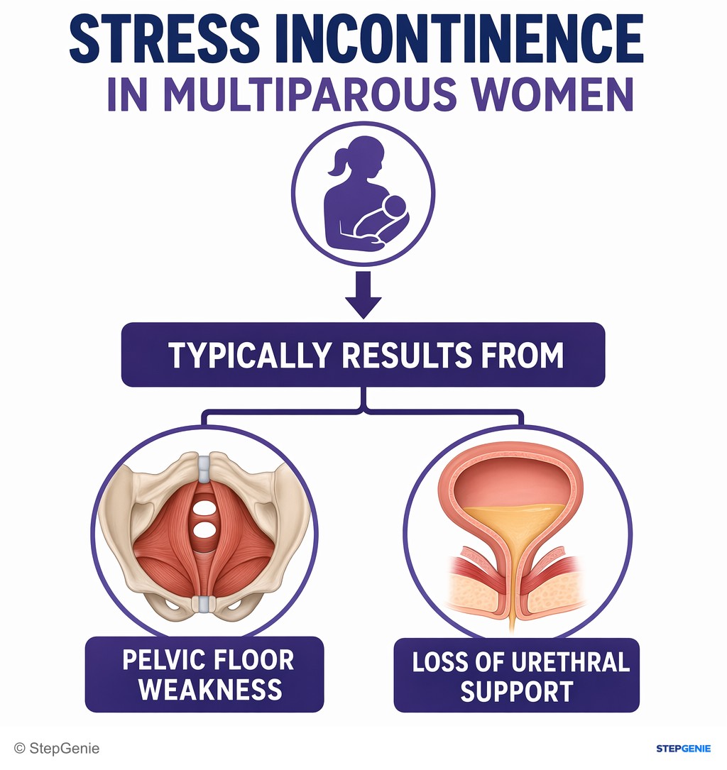 Reasoning step 2: Stress incontinence in multiparous women typically results from pelvic floor weakness and loss of urethral support.