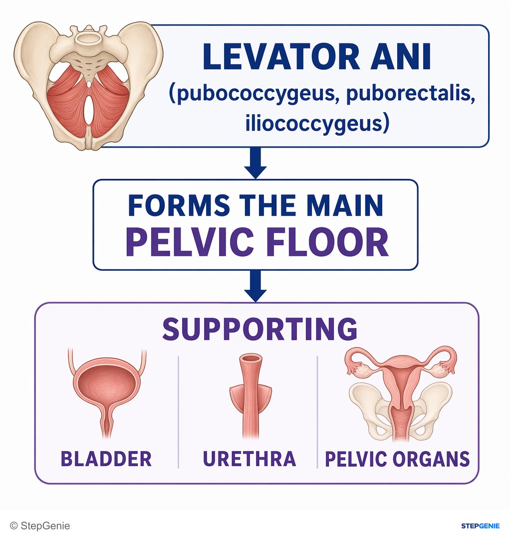 Reasoning step 3: The levator ani (pubococcygeus, puborectalis, iliococcygeus) forms the main pelvic floor supporting bladder, urethra, and pelvic organs.