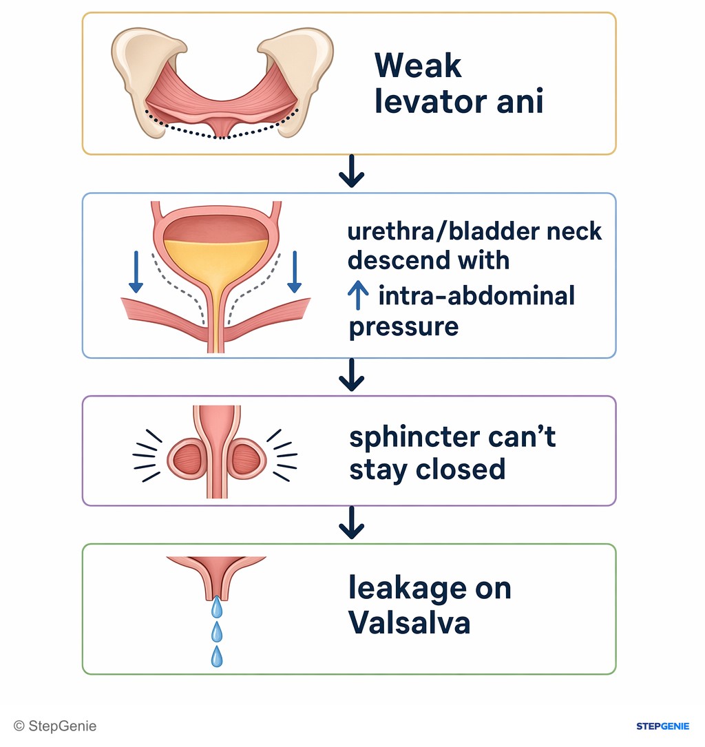 Reasoning step 4: Weak levator ani → urethra/bladder neck descend with ↑ intra-abdominal pressure → sphincter can’t stay closed → leakage on Valsalva.