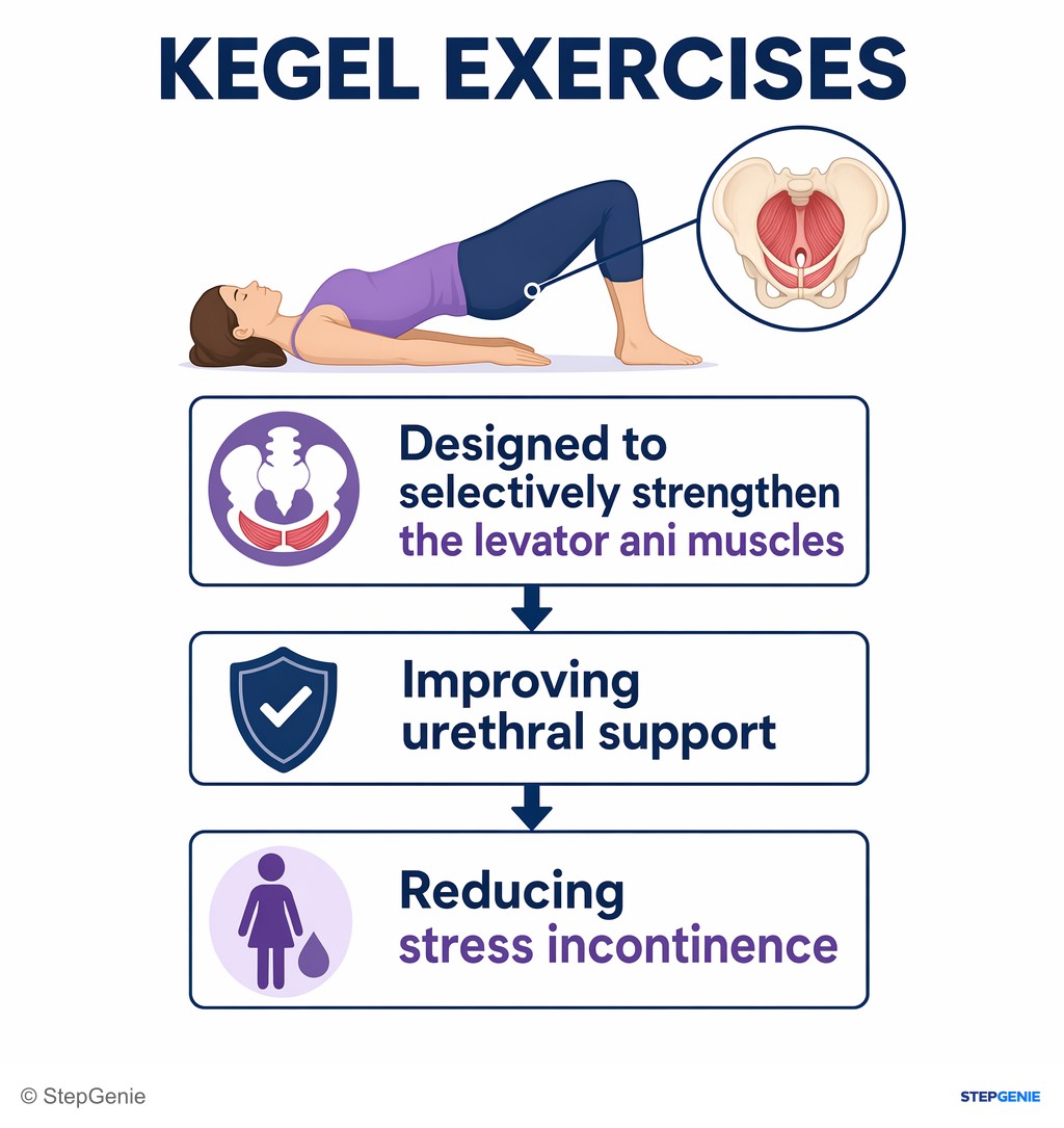 Reasoning step 5: Kegel exercises are designed to selectively strengthen the levator ani muscles, improving urethral support and reducing stress incontinence.