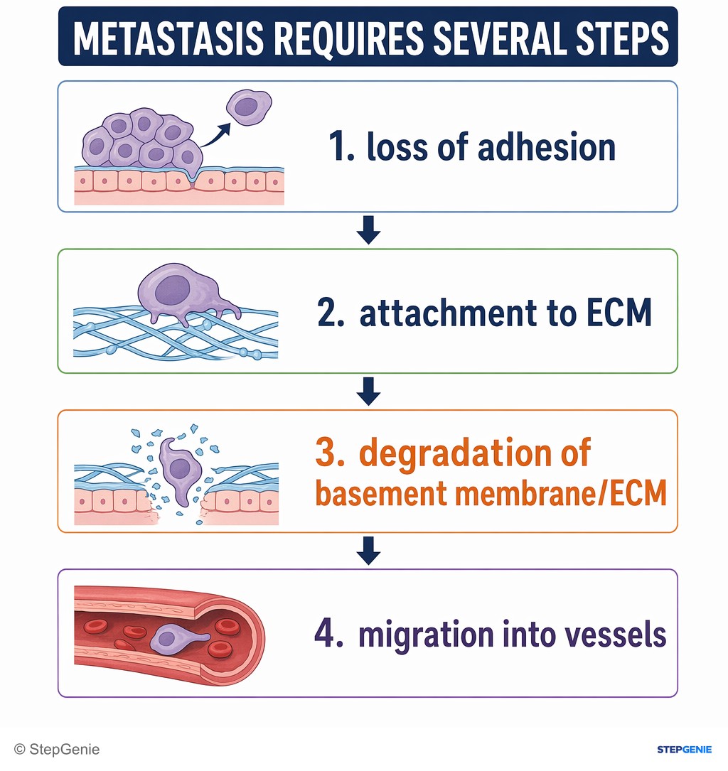 Reasoning step 1: Metastasis requires several steps: loss of adhesion, attachment to ECM, degradation of basement membrane/ECM, and migration into vessels.