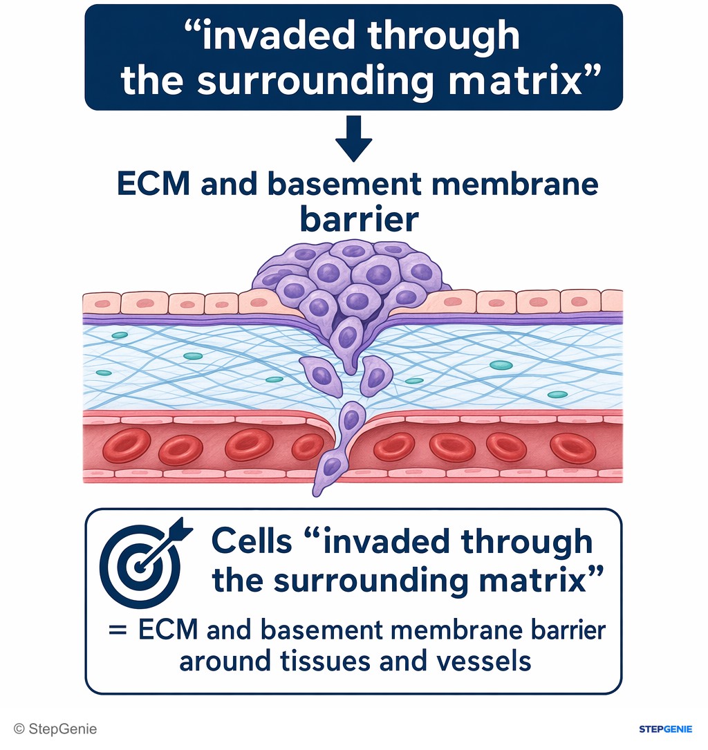 Reasoning step 2: The vignette specifically highlights that cells "invaded through the surrounding matrix"—this is the ECM and basement membrane barrier around…