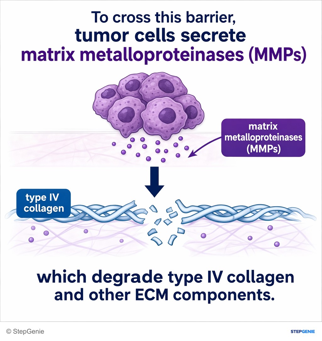 Reasoning step 3: To cross this barrier, tumor cells secrete matrix metalloproteinases (MMPs), which degrade type IV collagen and other ECM components.