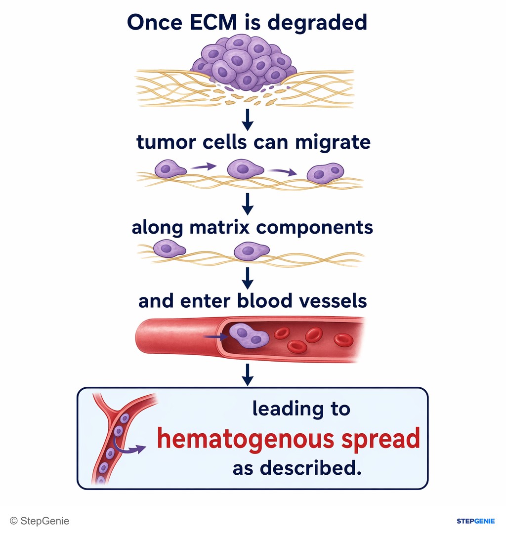 Reasoning step 4: Once ECM is degraded, tumor cells can migrate along matrix components and enter blood vessels, leading to hematogenous spread as described.