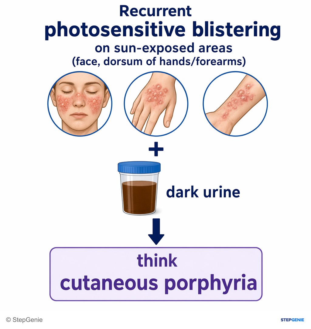 Reasoning step 1: Patient has recurrent photosensitive blistering on sun-exposed areas (face, dorsum of hands/forearms) plus dark urine → think cutaneous porphyria.