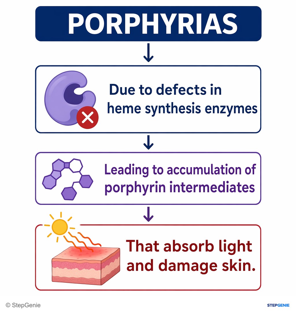 Reasoning step 2: Porphyrias are due to defects in heme synthesis enzymes leading to accumulation of porphyrin intermediates that absorb light and damage skin.