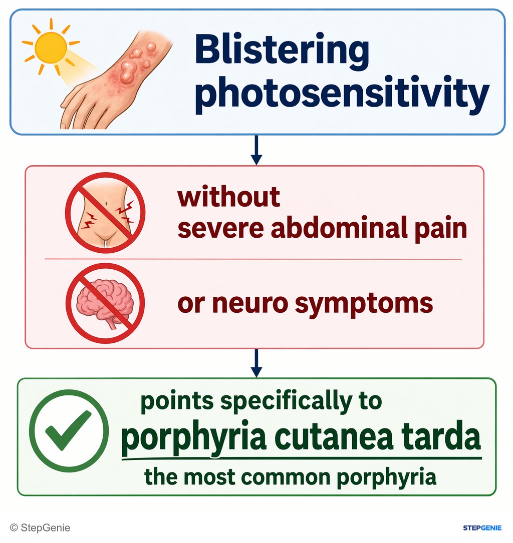 Reasoning step 3: Blistering photosensitivity without severe abdominal pain or neuro symptoms points specifically to porphyria cutanea tarda, the most common porphyria.