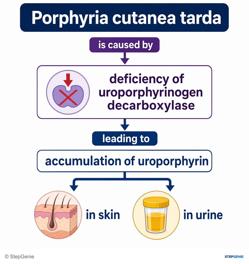 Reasoning step 4: Porphyria cutanea tarda is caused by deficiency of uroporphyrinogen decarboxylase, leading to accumulation of uroporphyrin in skin and urine.