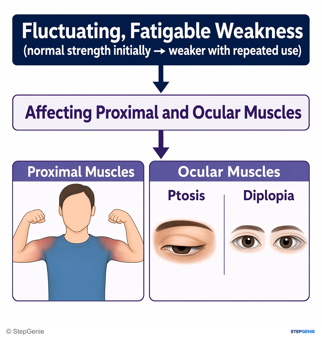 Reasoning step 1: The patient has fluctuating, fatigable weakness (normal strength initially → weaker with repeated use) affecting proximal and ocular muscles…