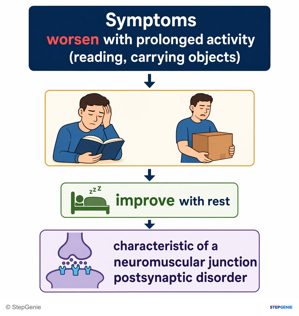 Reasoning step 2: Symptoms worsen with prolonged activity (reading, carrying objects) and improve with rest, which is characteristic of a neuromuscular junction…