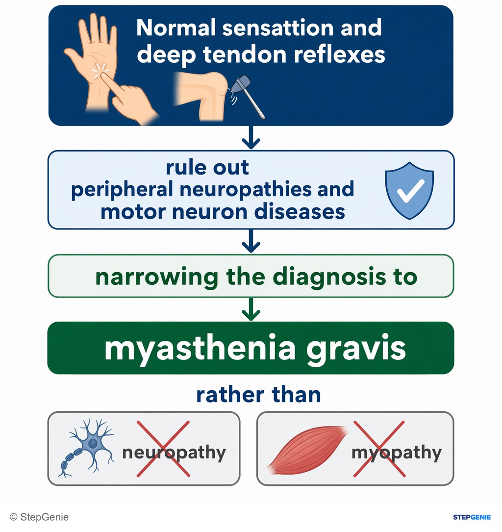 Reasoning step 3: Normal sensation and deep tendon reflexes rule out peripheral neuropathies and motor neuron diseases, narrowing the diagnosis to myasthenia gravis…