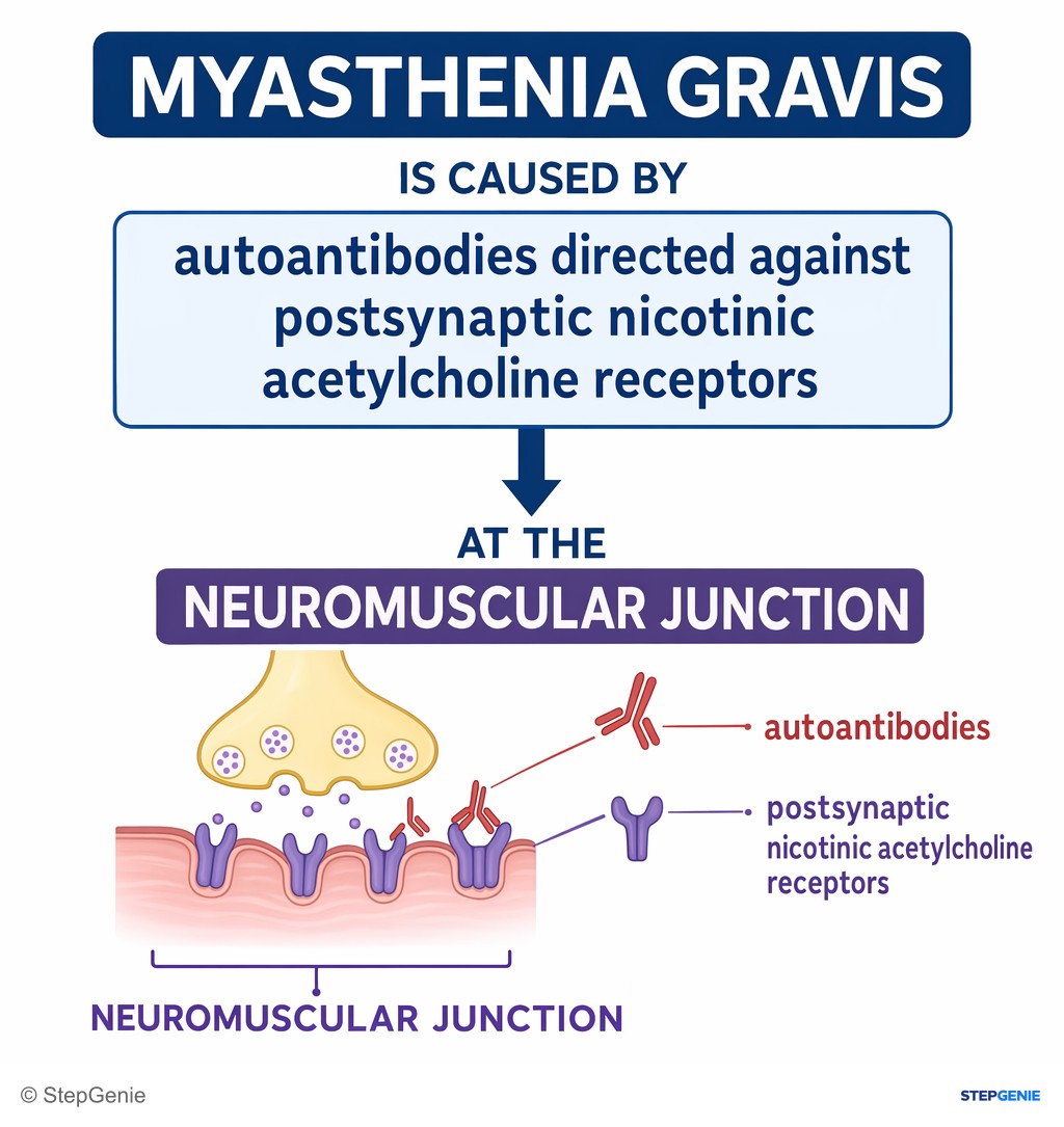 Reasoning step 4: Myasthenia gravis is caused by autoantibodies directed against postsynaptic nicotinic acetylcholine receptors at the neuromuscular junction.