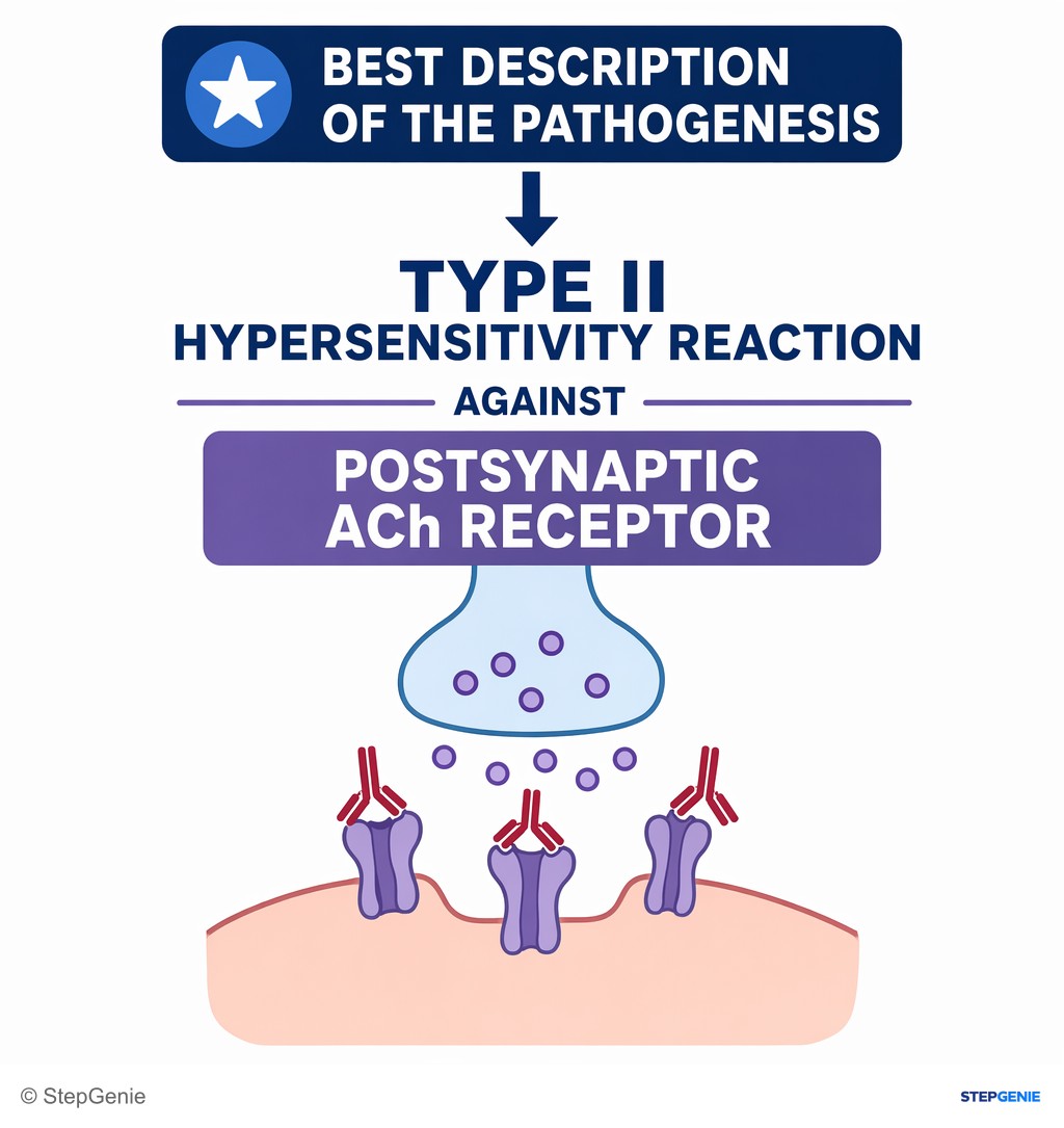Reasoning step 6: Therefore, the best description of the pathogenesis is a Type II hypersensitivity reaction against the postsynaptic ACh receptor.