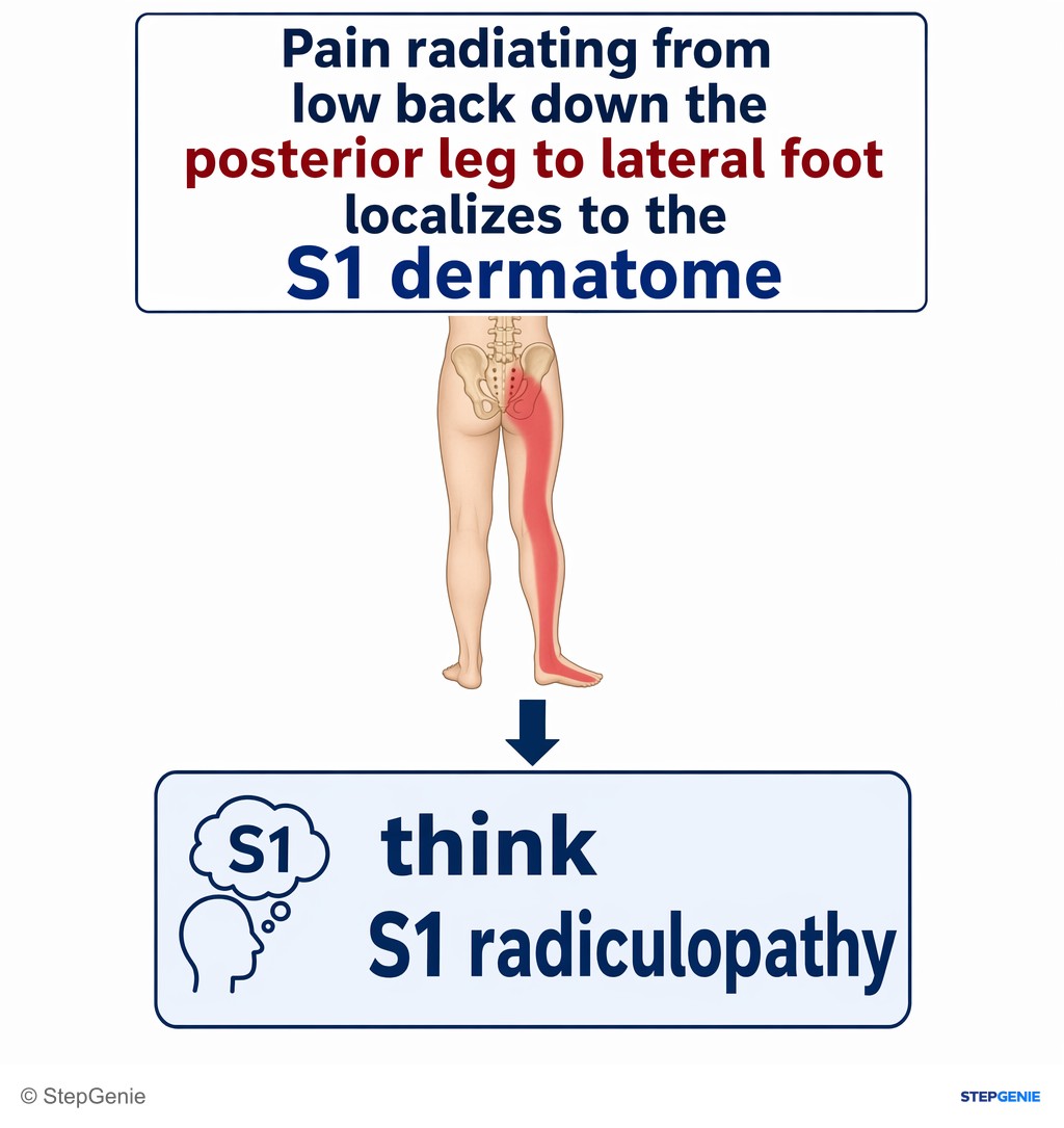 Reasoning step 1: Pain radiating from low back down the posterior leg to lateral foot localizes to the S1 dermatome → think S1 radiculopathy.
