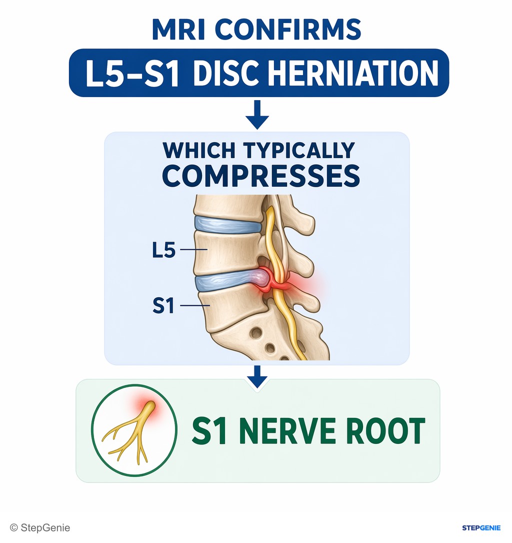 Reasoning step 2: MRI confirms L5–S1 disc herniation, which typically compresses the S1 nerve root.