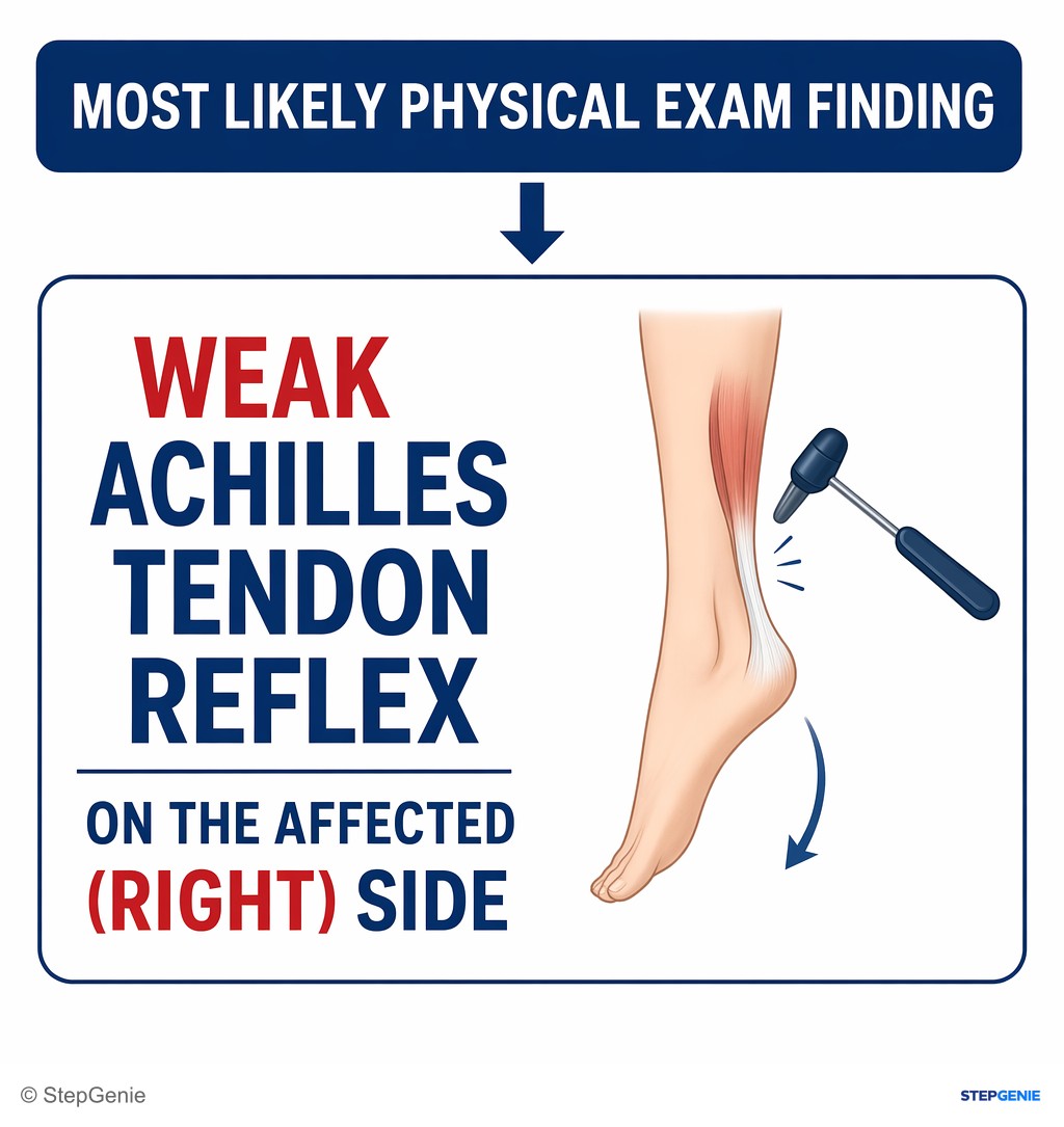 Reasoning step 5: Therefore, the most likely physical exam finding is a weak Achilles tendon reflex on the affected (right) side.