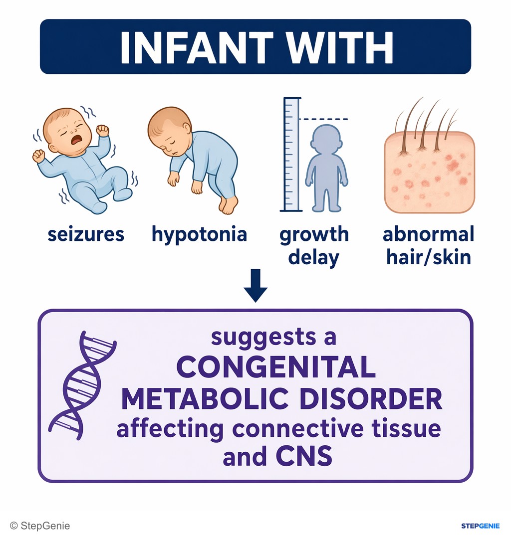 Reasoning step 1: Infant with seizures, hypotonia, growth delay, and abnormal hair/skin suggests a congenital metabolic disorder affecting connective tissue and CNS.