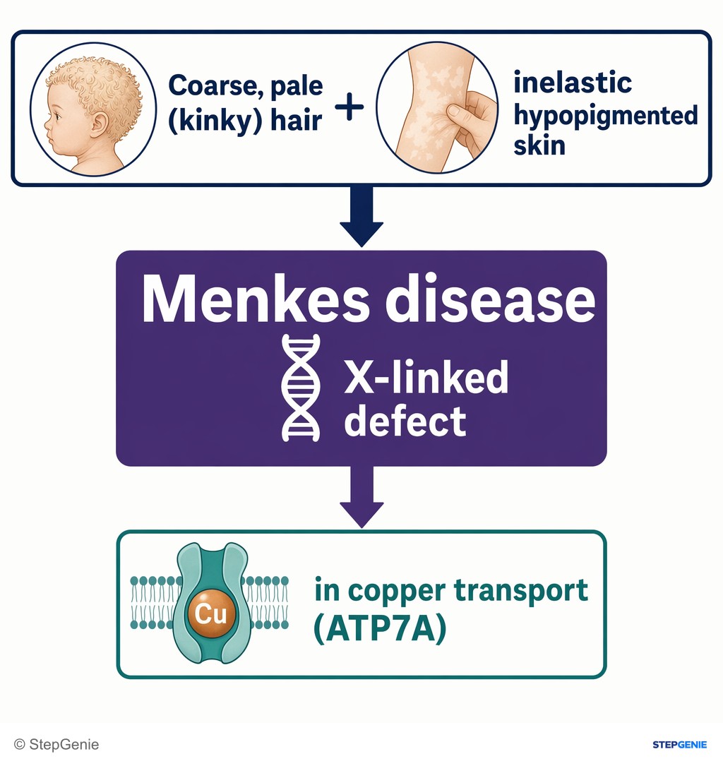Reasoning step 2: Coarse, pale (kinky) hair + inelastic hypopigmented skin are classic for Menkes disease, an X-linked defect in copper transport (ATP7A).