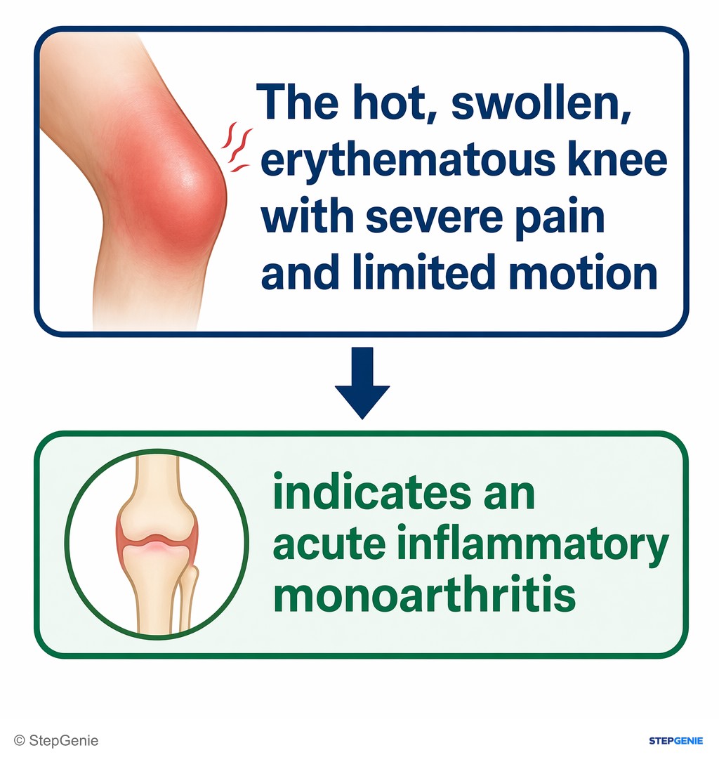 Reasoning step 1: The hot, swollen, erythematous knee with severe pain and limited motion indicates an acute inflammatory monoarthritis.
