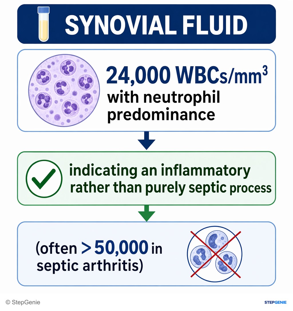 Reasoning step 2: Synovial fluid shows 24,000 WBCs/mm³ with neutrophil predominance, indicating an inflammatory rather than purely septic process (often >50,000 in…