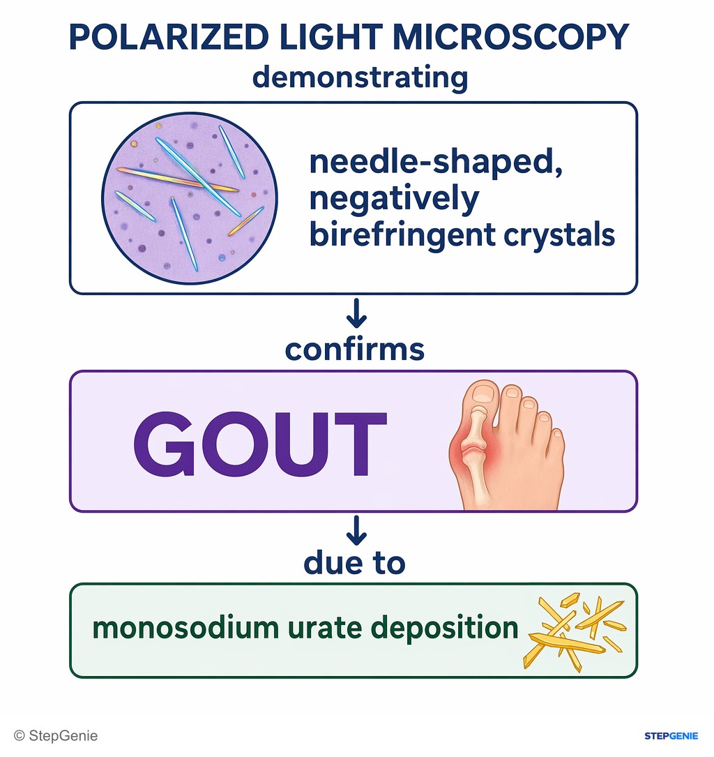 Reasoning step 3: Polarized light microscopy demonstrating needle-shaped, negatively birefringent crystals confirms gout due to monosodium urate deposition.