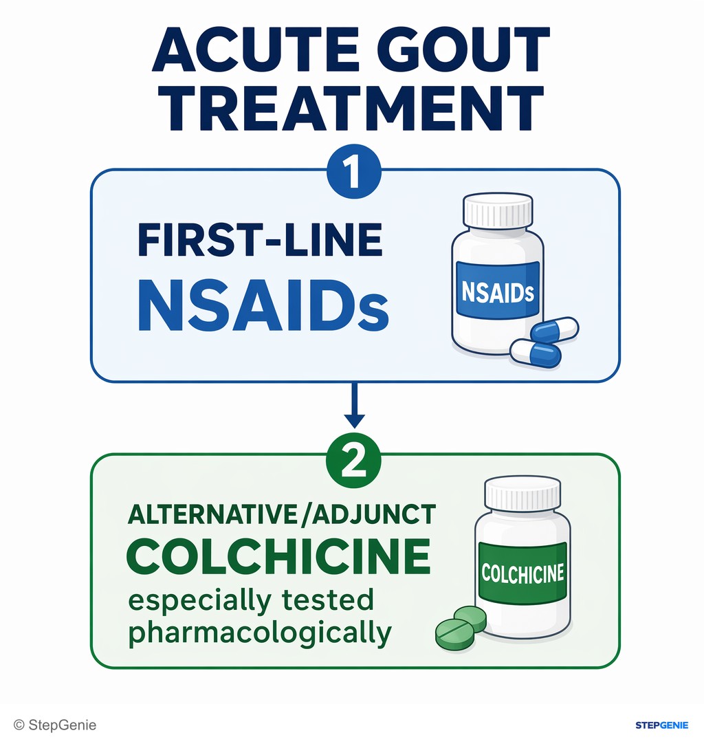 Reasoning step 4: Acute gout is treated first-line with NSAIDs; colchicine is a classic alternative/adjunct, especially tested pharmacologically.
