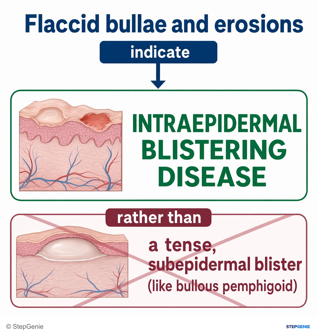 Reasoning step 1: Flaccid bullae and erosions indicate an intraepidermal blistering disease rather than a tense, subepidermal blister (like bullous pemphigoid).