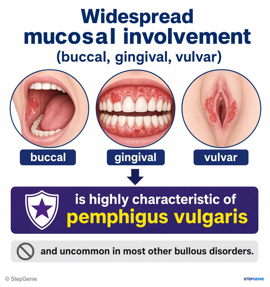 Reasoning step 2: Widespread mucosal involvement (buccal, gingival, vulvar) is highly characteristic of pemphigus vulgaris and uncommon in most other bullous disorders.