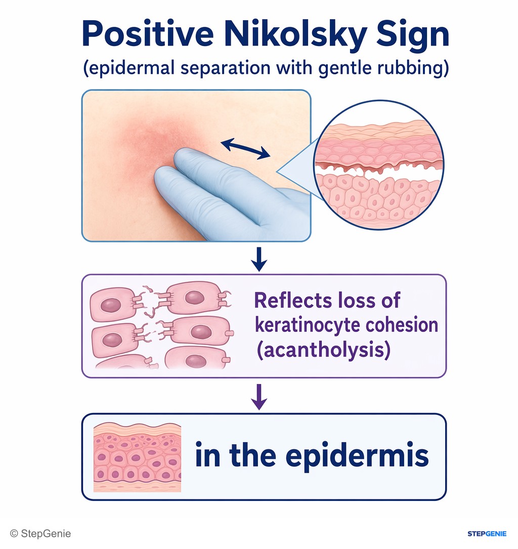 Reasoning step 3: A positive Nikolsky sign (epidermal separation with gentle rubbing) reflects loss of keratinocyte cohesion (acantholysis) in the epidermis.