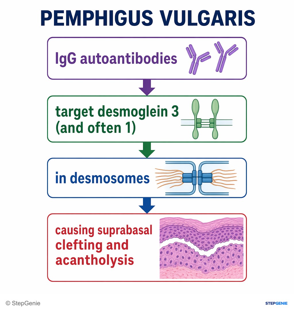 Reasoning step 4: In pemphigus vulgaris, IgG autoantibodies target desmoglein 3 (and often 1) in desmosomes, causing suprabasal clefting and acantholysis.