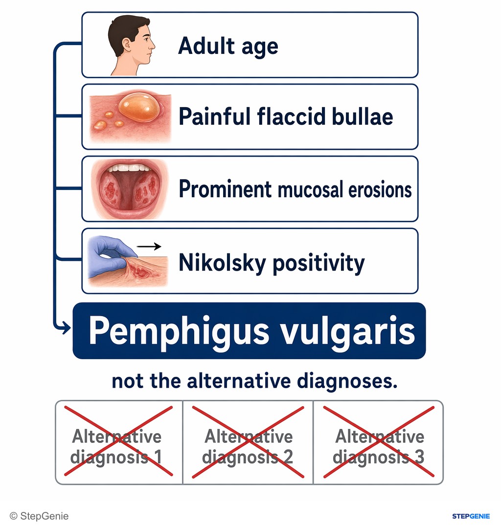 Reasoning step 5: Adult age, painful flaccid bullae, prominent mucosal erosions, and Nikolsky positivity together best match pemphigus vulgaris, not the alternative…