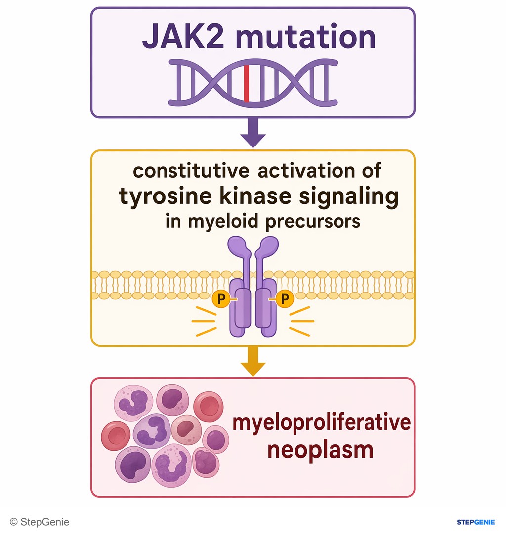 Reasoning step 1: JAK2 mutation → constitutive activation of tyrosine kinase signaling in myeloid precursors → myeloproliferative neoplasm.