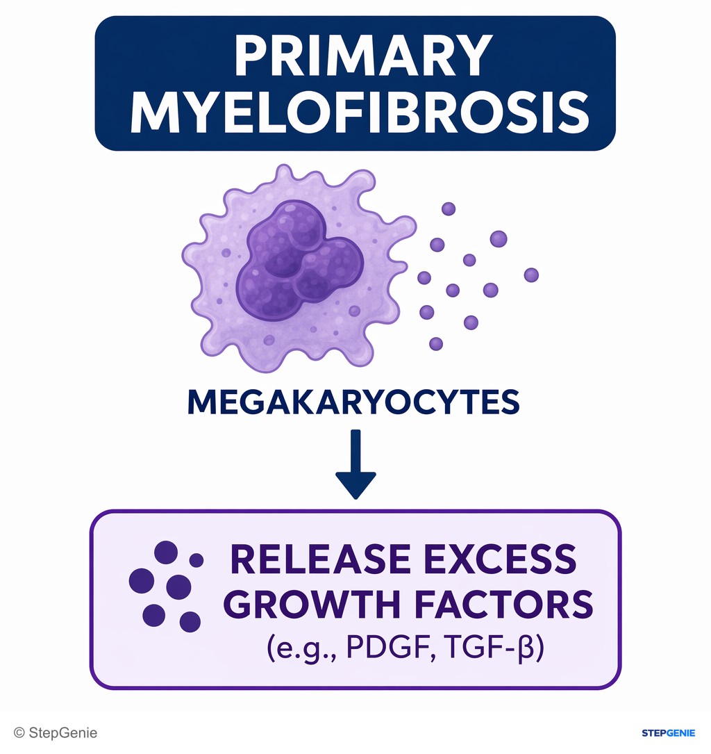 Reasoning step 2: In primary myelofibrosis, megakaryocytes release excess growth factors (e.g., PDGF, TGF-β).