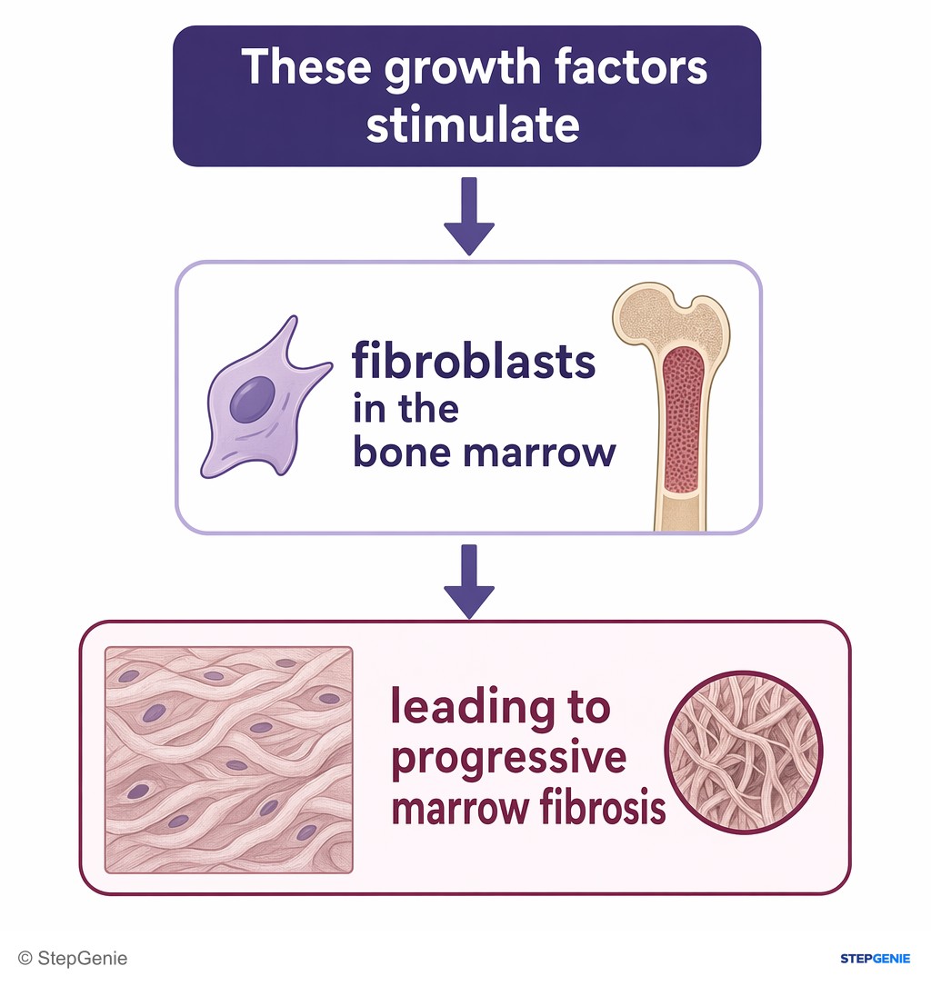 Reasoning step 3: These growth factors stimulate fibroblasts in the bone marrow, leading to progressive marrow fibrosis.