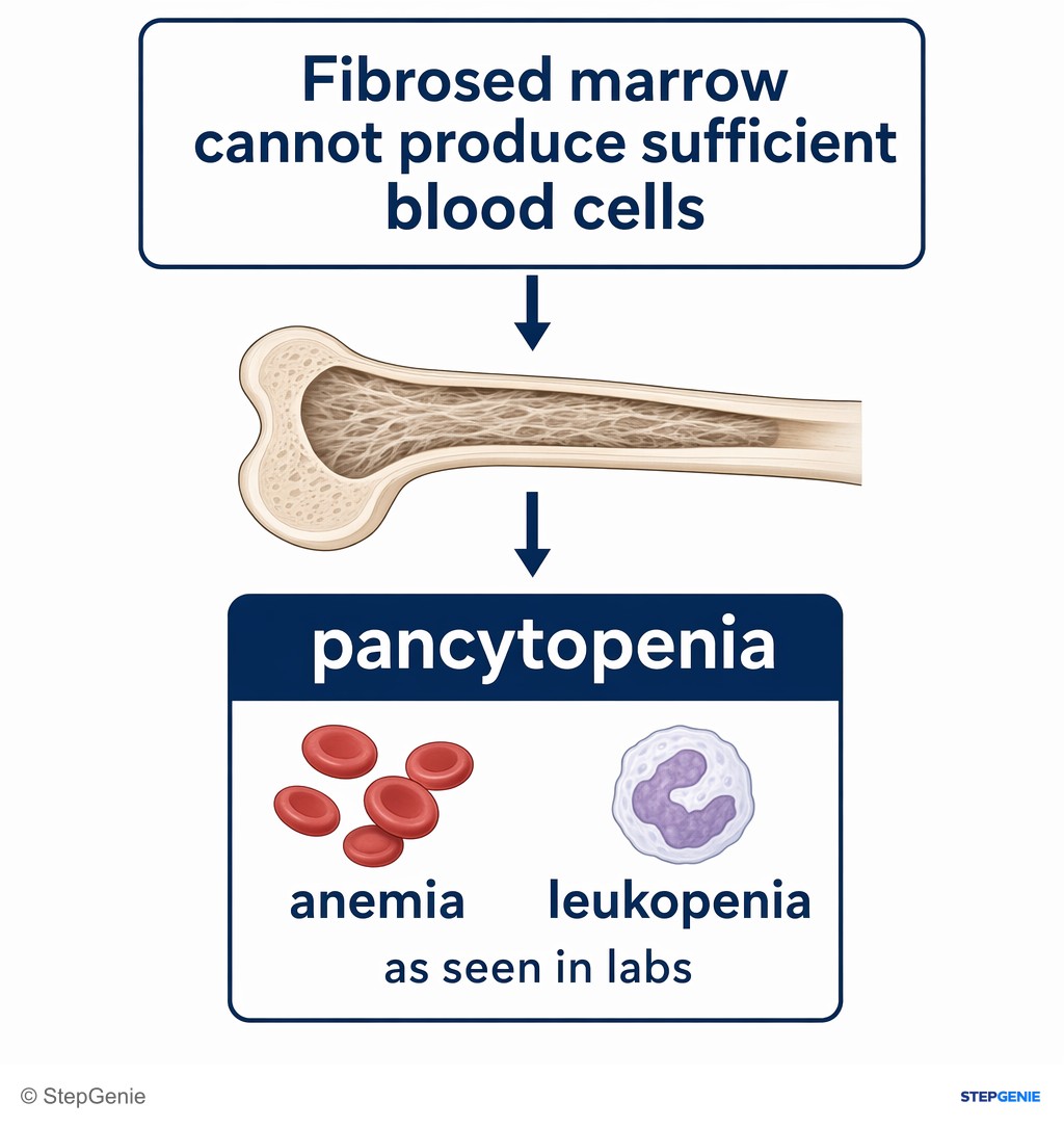 Reasoning step 4: Fibrosed marrow cannot produce sufficient blood cells → pancytopenia (anemia and leukopenia as seen in labs).