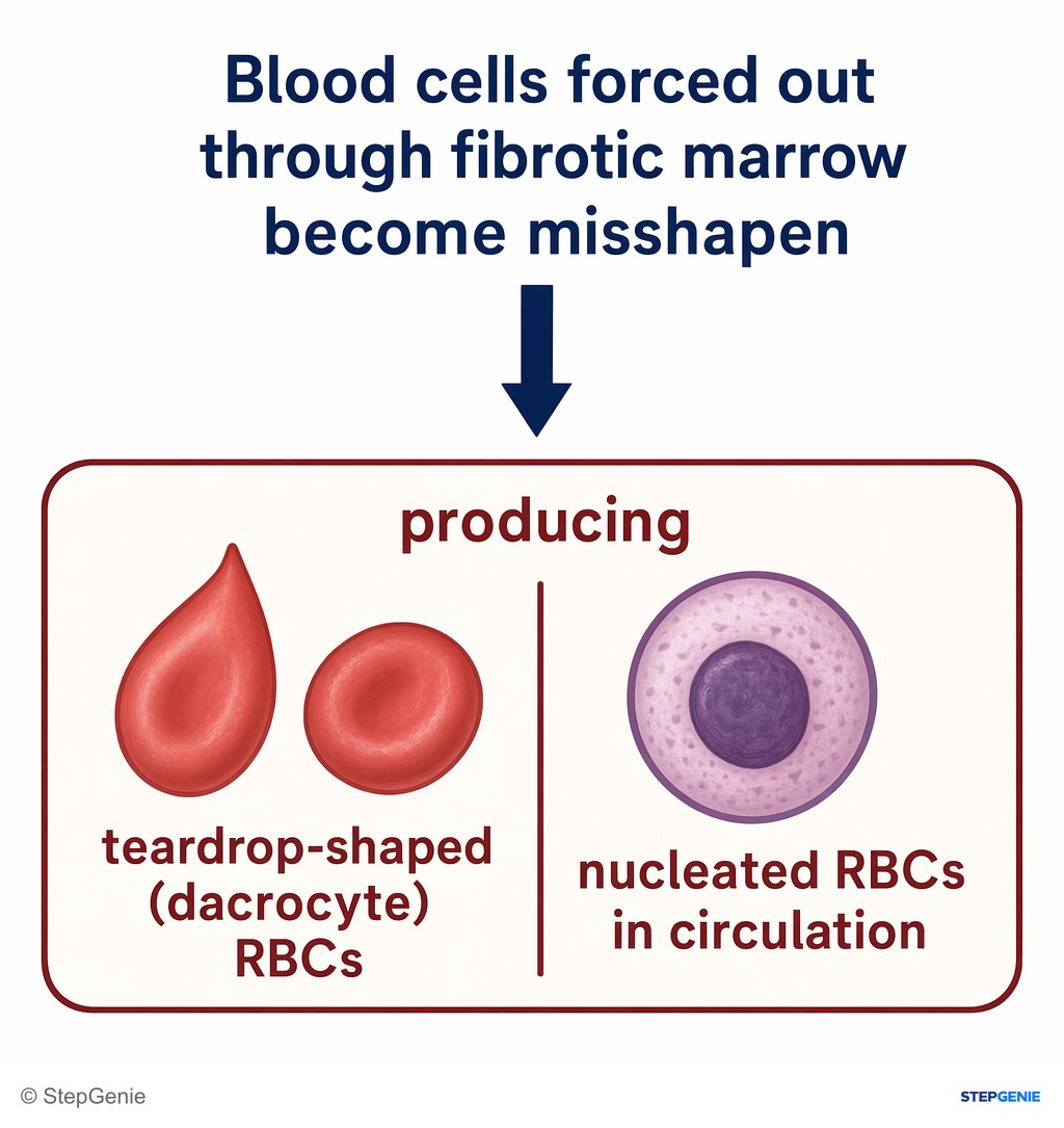 Reasoning step 6: Blood cells forced out through fibrotic marrow become misshapen, producing teardrop-shaped (dacrocyte) RBCs and nucleated RBCs in circulation.