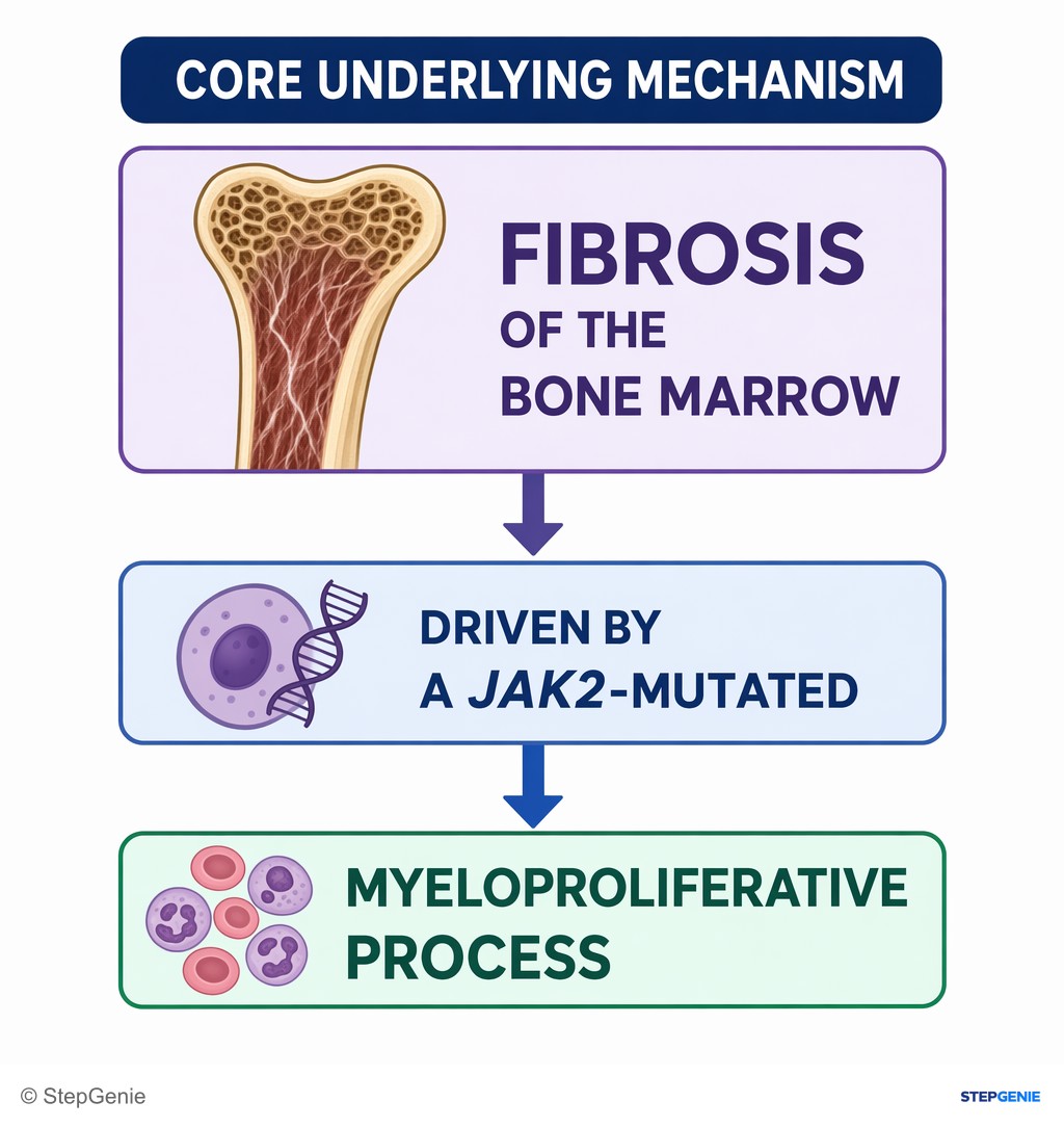 Reasoning step 7: Thus, the core underlying mechanism is fibrosis of the bone marrow driven by a JAK2-mutated myeloproliferative process.